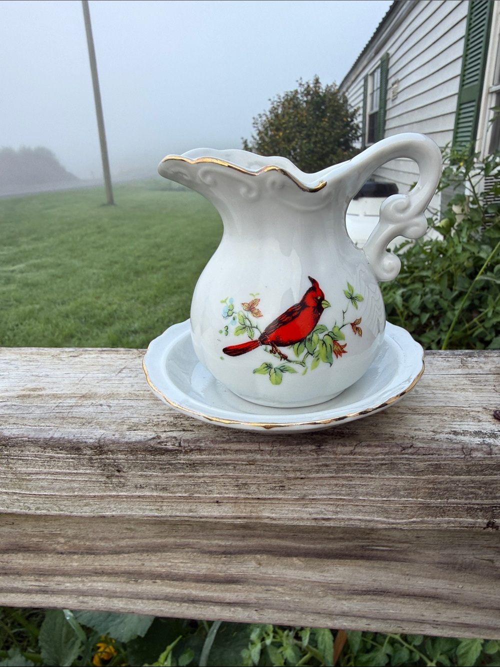 Vintage Lefton White Porcelain Pitcher with Red Cardinal and Gold Trim
